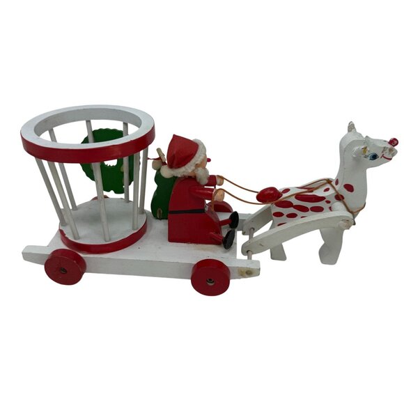 Vintage Wooden Santa Sleigh Reindeer Figurine Red White Holiday Christmas Kitsch - Picture 2 of 9